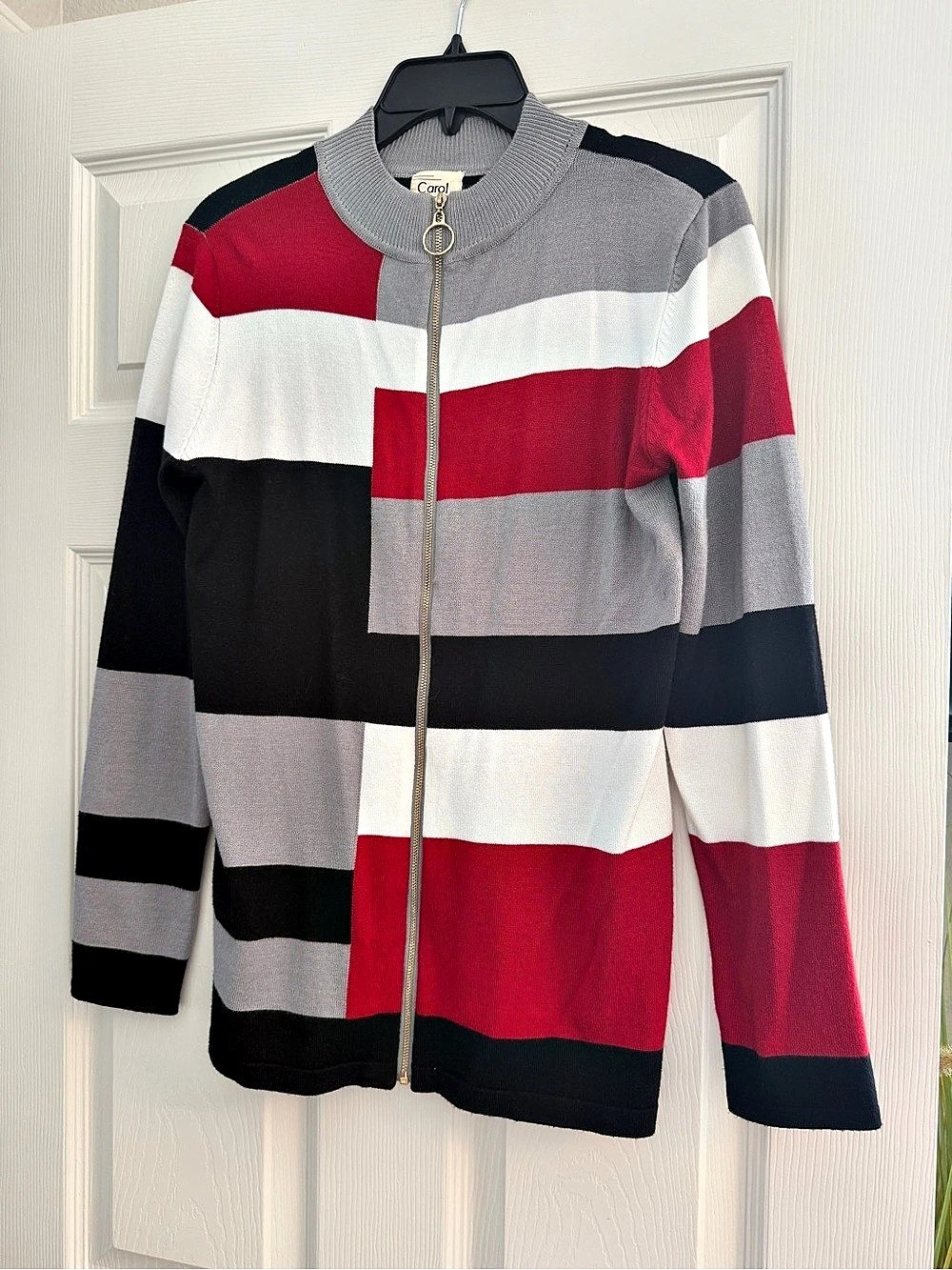 Carol Rose Color Block Zip Cardigan in Red & Black Size Small